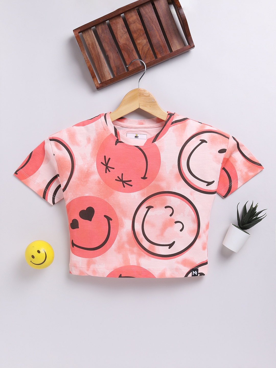 

YK X Minute Mirth Girls Graphic Printed Pure Cotton Cropped T-shirt, Peach