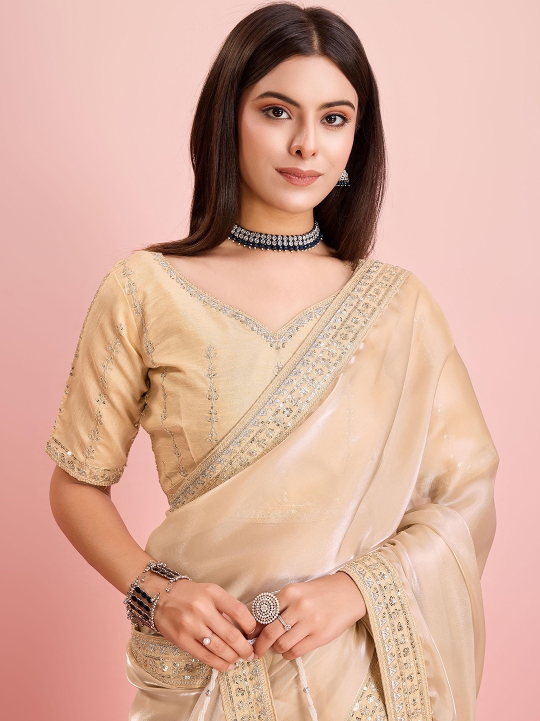 

HERE&NOW Sequinned Ready to Wear Saree, Cream