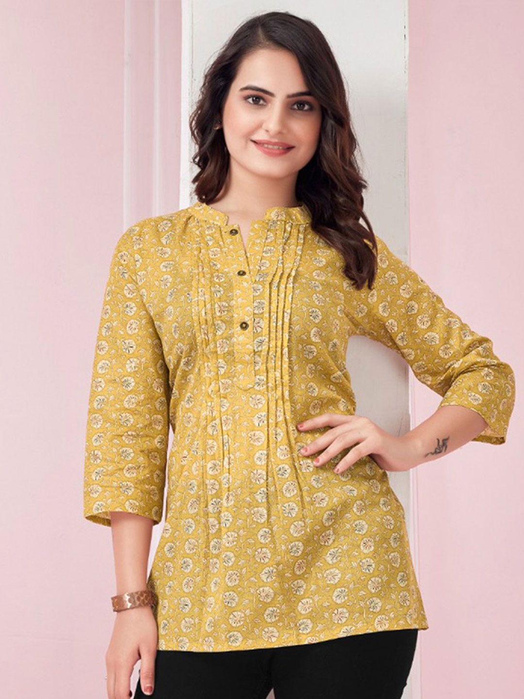 

Peachmode Print Mandarin Collar Cotton Top, Yellow