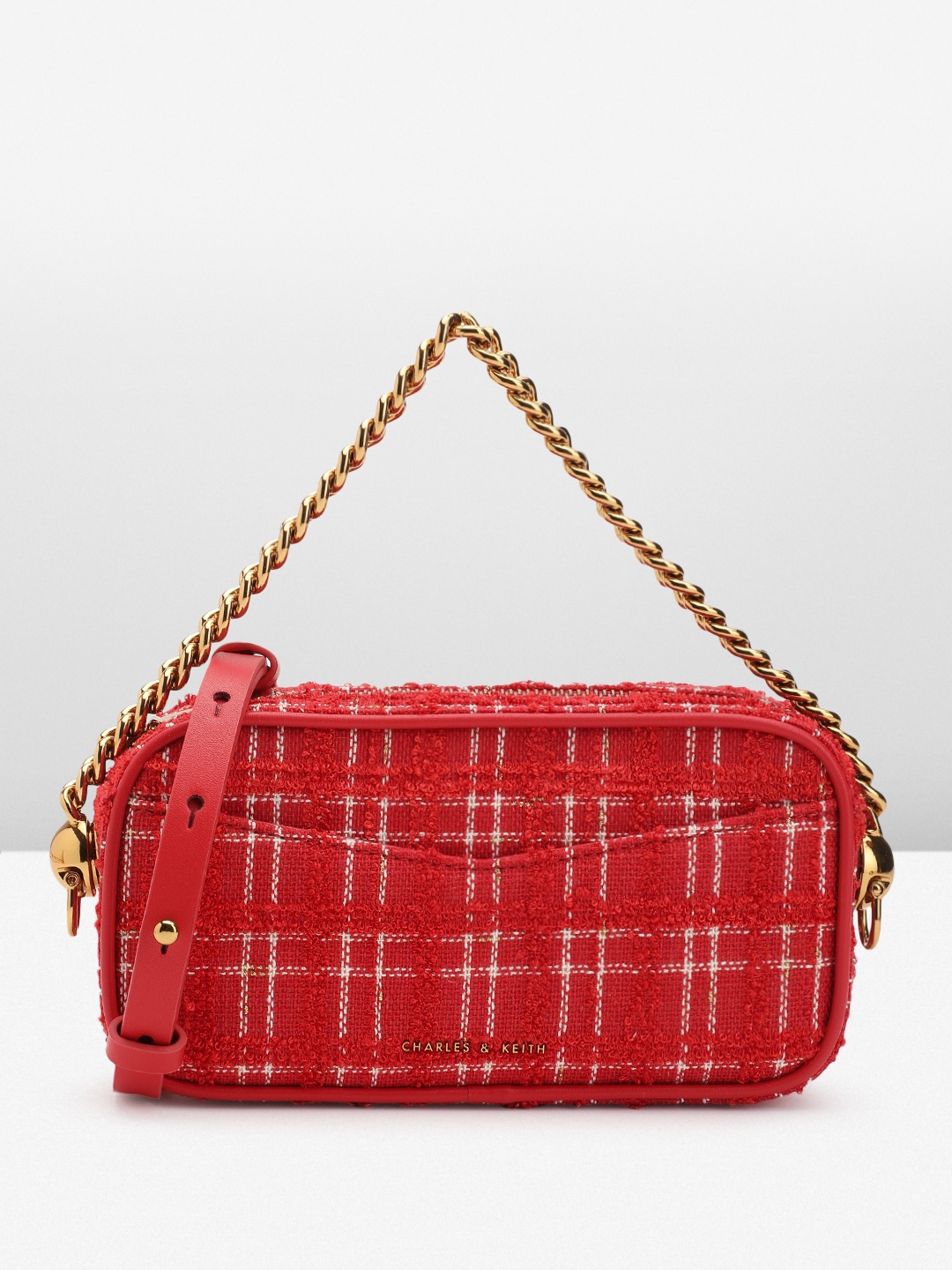 

CHARLES & KEITH Checked Structured Handheld Bag with, Red