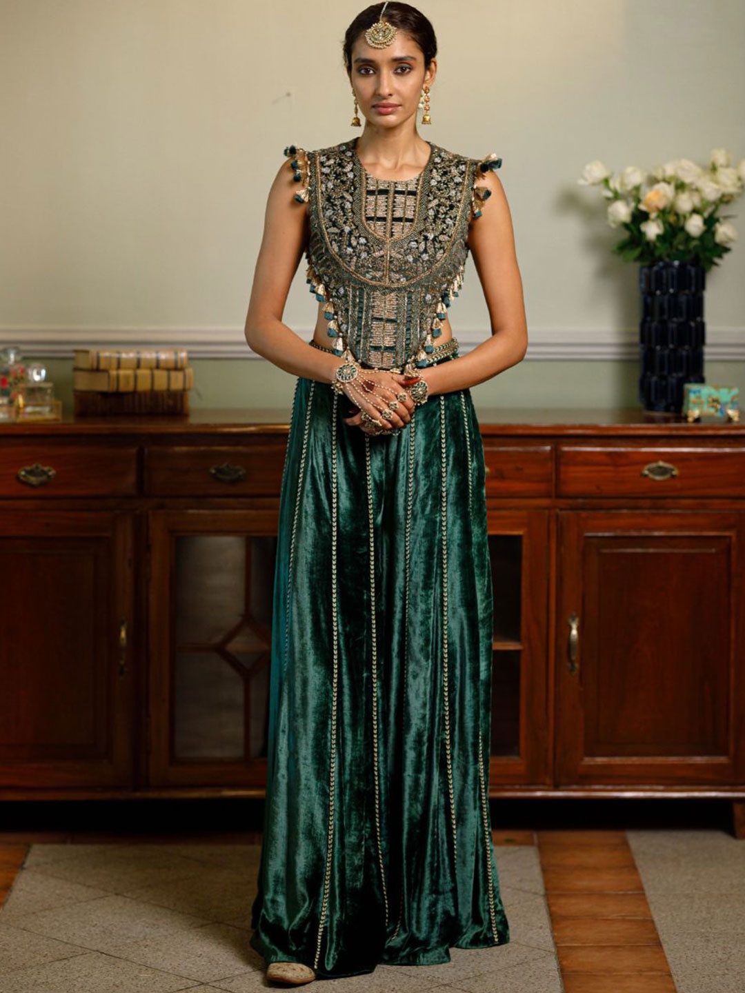 

Payal Singhal Embroidered Beads and Stones Ready to Wear Lehenga &, Green