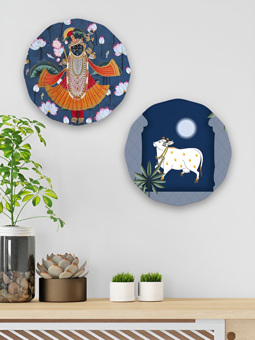 

ArtVibes Set Of 2 Blue & Orange Printed Wooden Wall HangingDecor