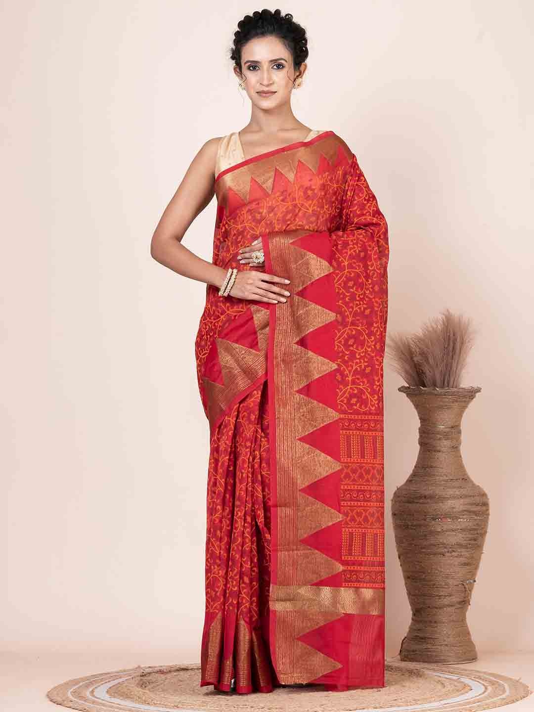 

VIBHAVARI Floral Zari Silk Cotton Saree, Red