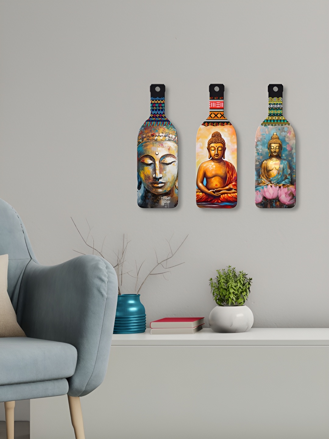 

ArtVibes 3Pcs Blue & Brown Printed Wooden Wall Decor Hangings
