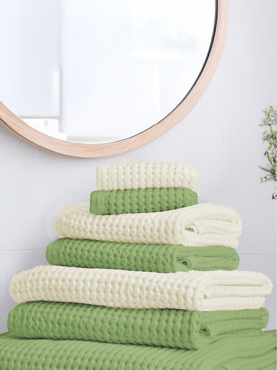 

URBAN SPACE Green & Off White Cotton 150 GSM Towel Set