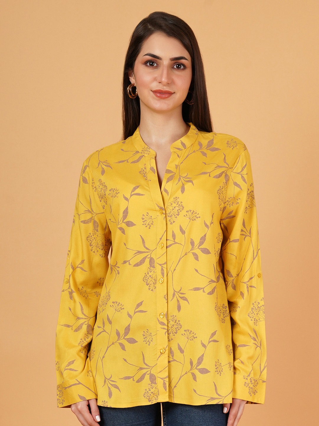 

IX IMPRESSION Tropical Print Mandarin Collar Cotton Top, Yellow