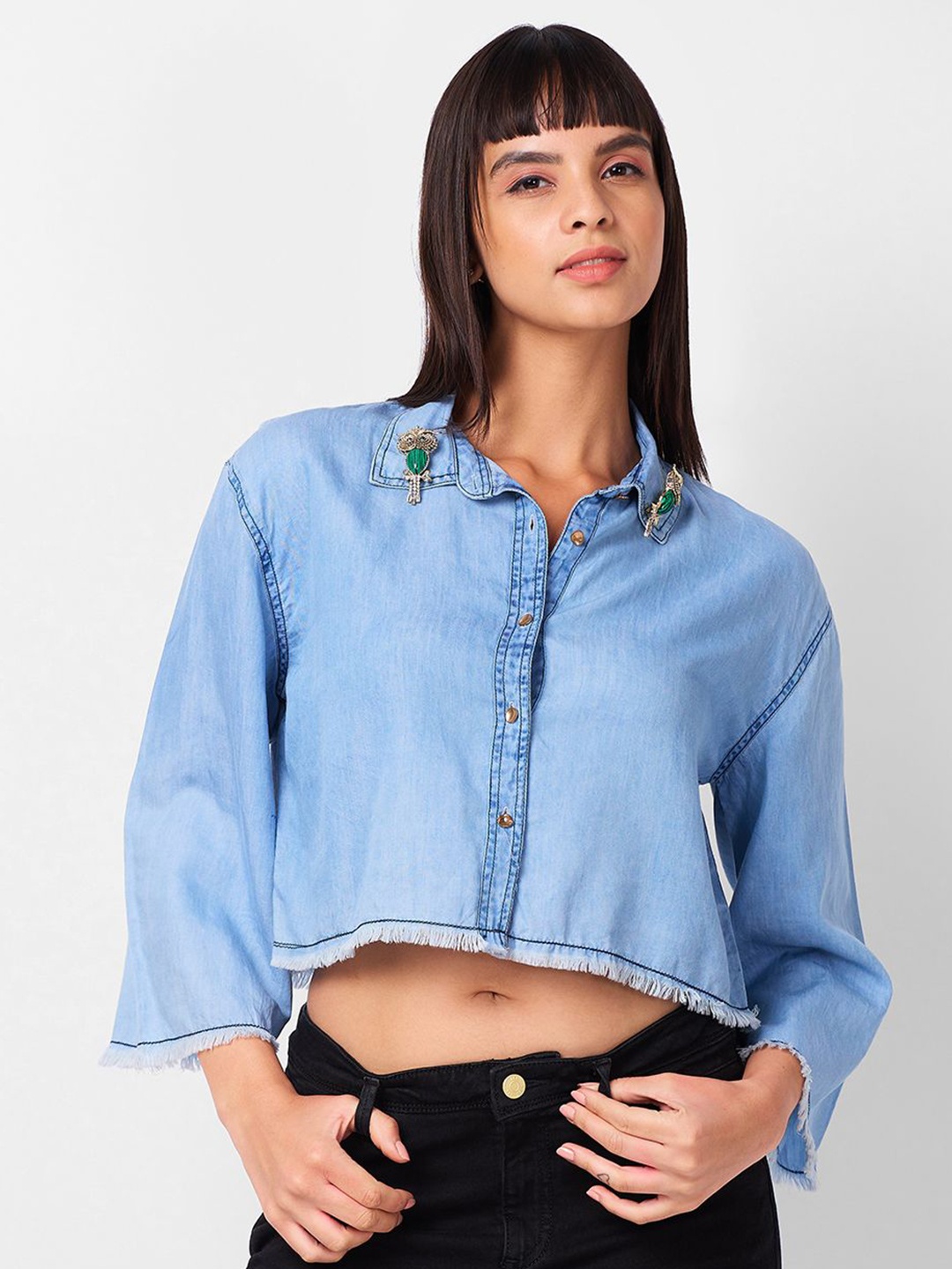 

IZEL Women Solid Embellished Casual Shirt, Blue