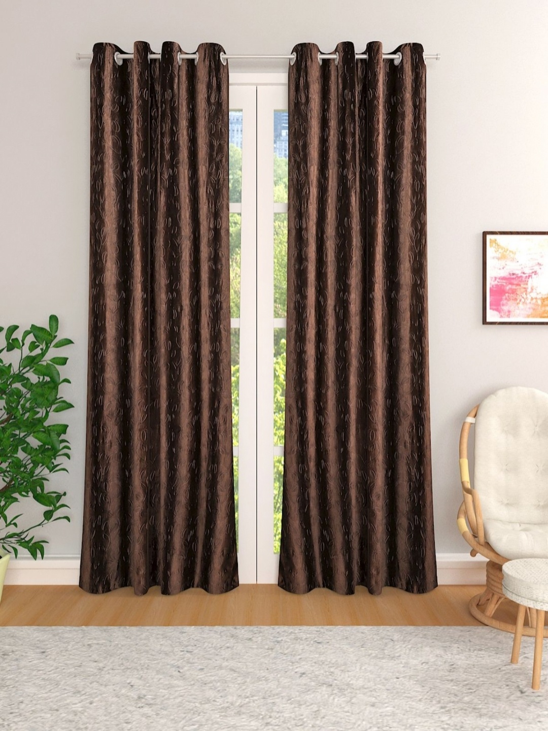 

Myntra Elegant Homes Coffee Brown Set of 2 Floral Room Darkening Door Curtain