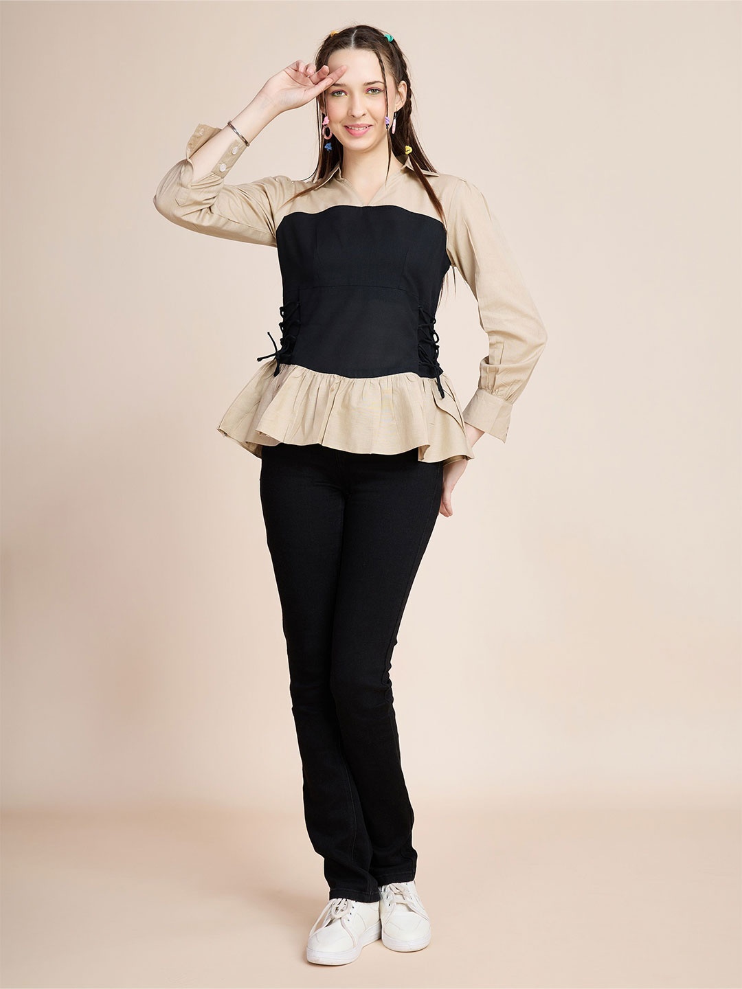 

BOONS n PERKKS Women Colourblocked Shirt Collar Corset Top, Beige