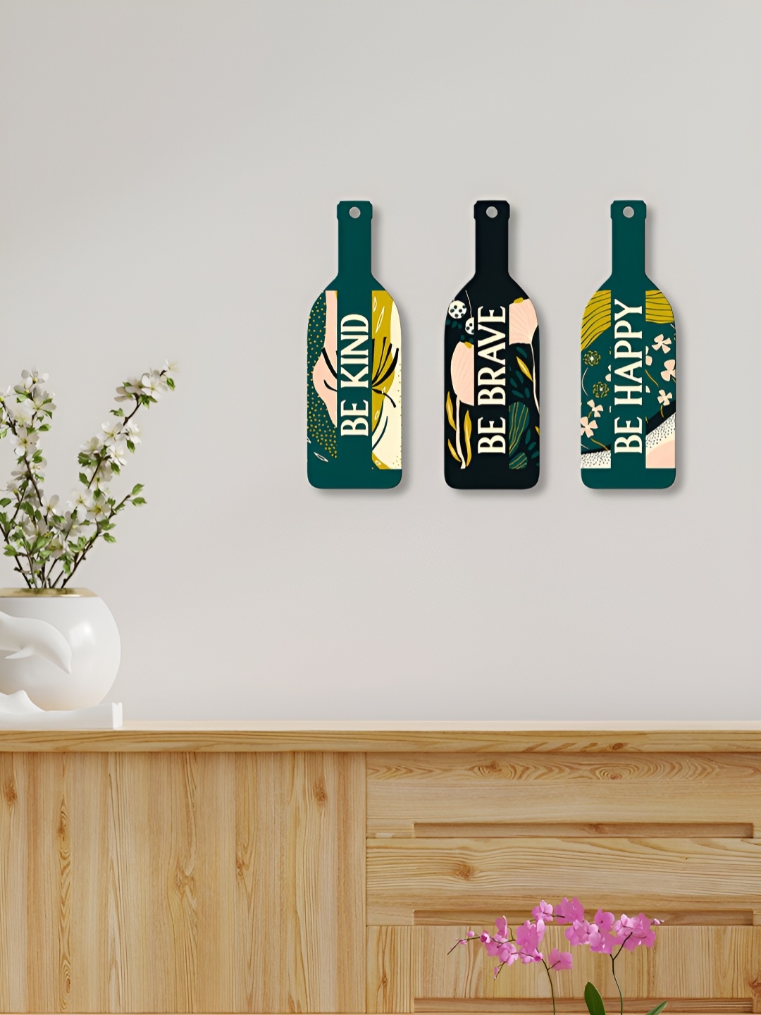 

ArtVibes 3Pcs Green & Black Printed Wooden Wall Decor Hangings