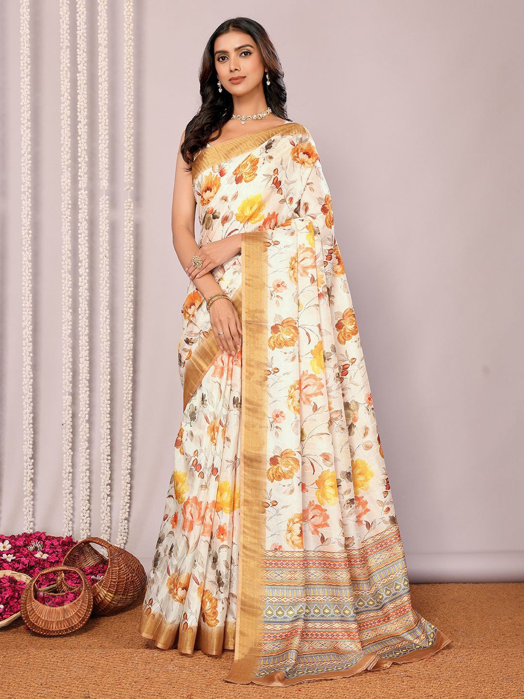 

KALINI Floral Silk Blend Chanderi Saree, Cream