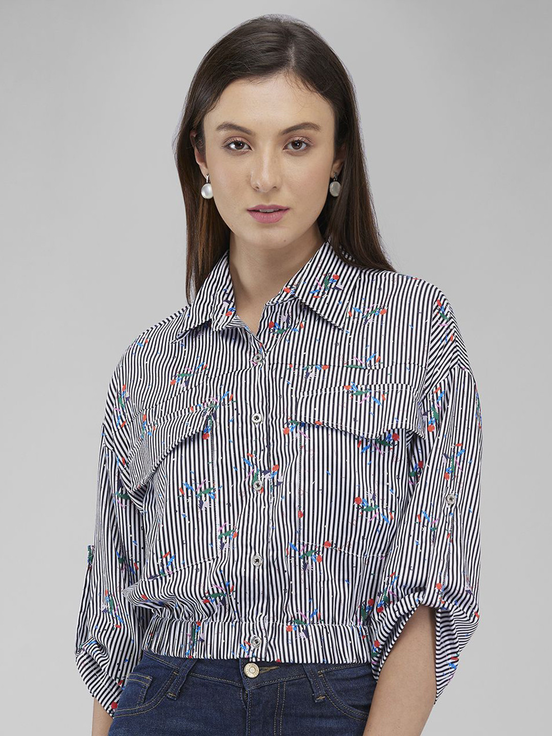 

IZEL Women Vertical Striped Cotton Casual Shirt, Black