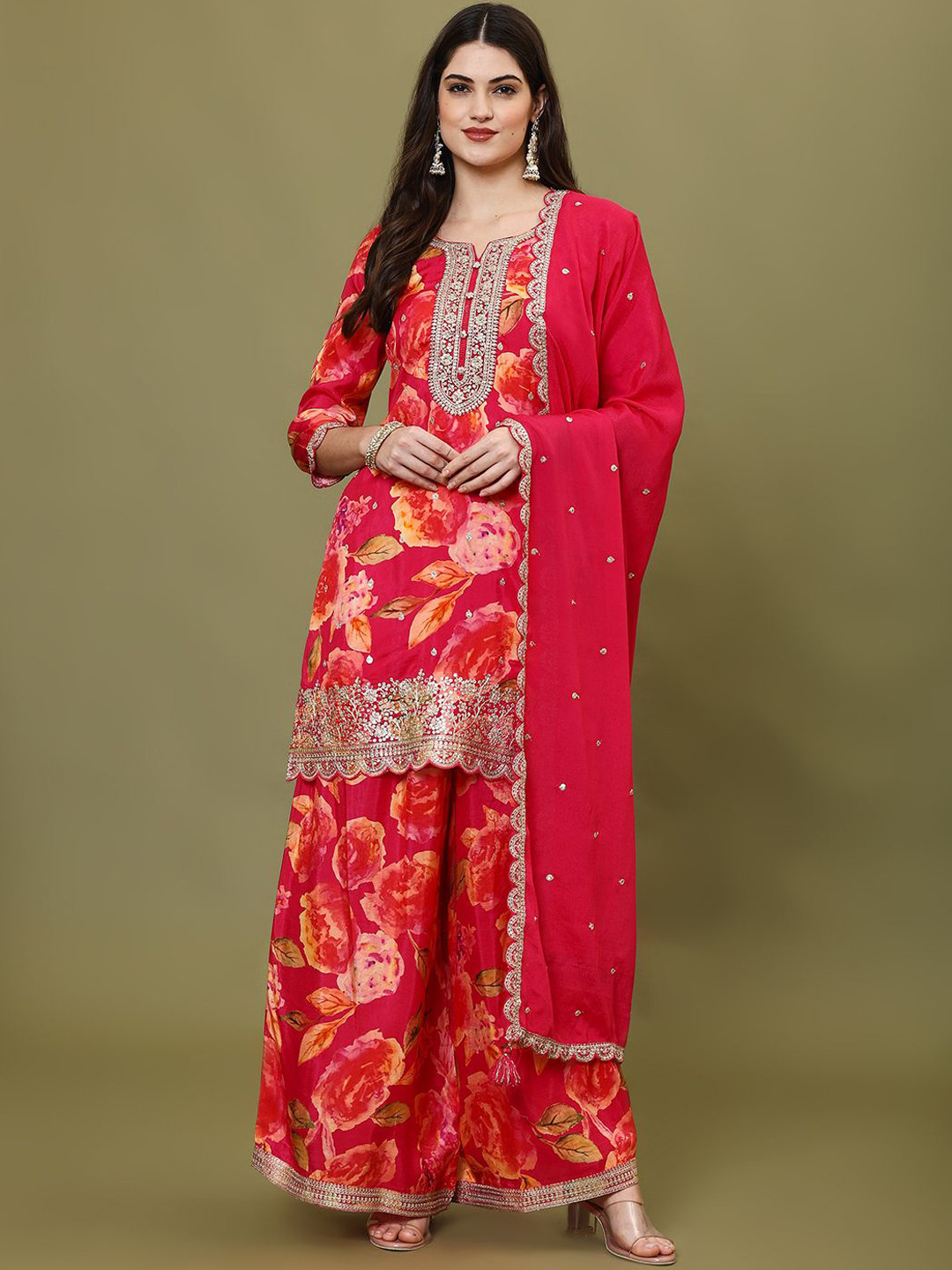 

Meena Bazaar Women Floral Printed Regular Kurta with Sharara & With Dupatta, Pink
