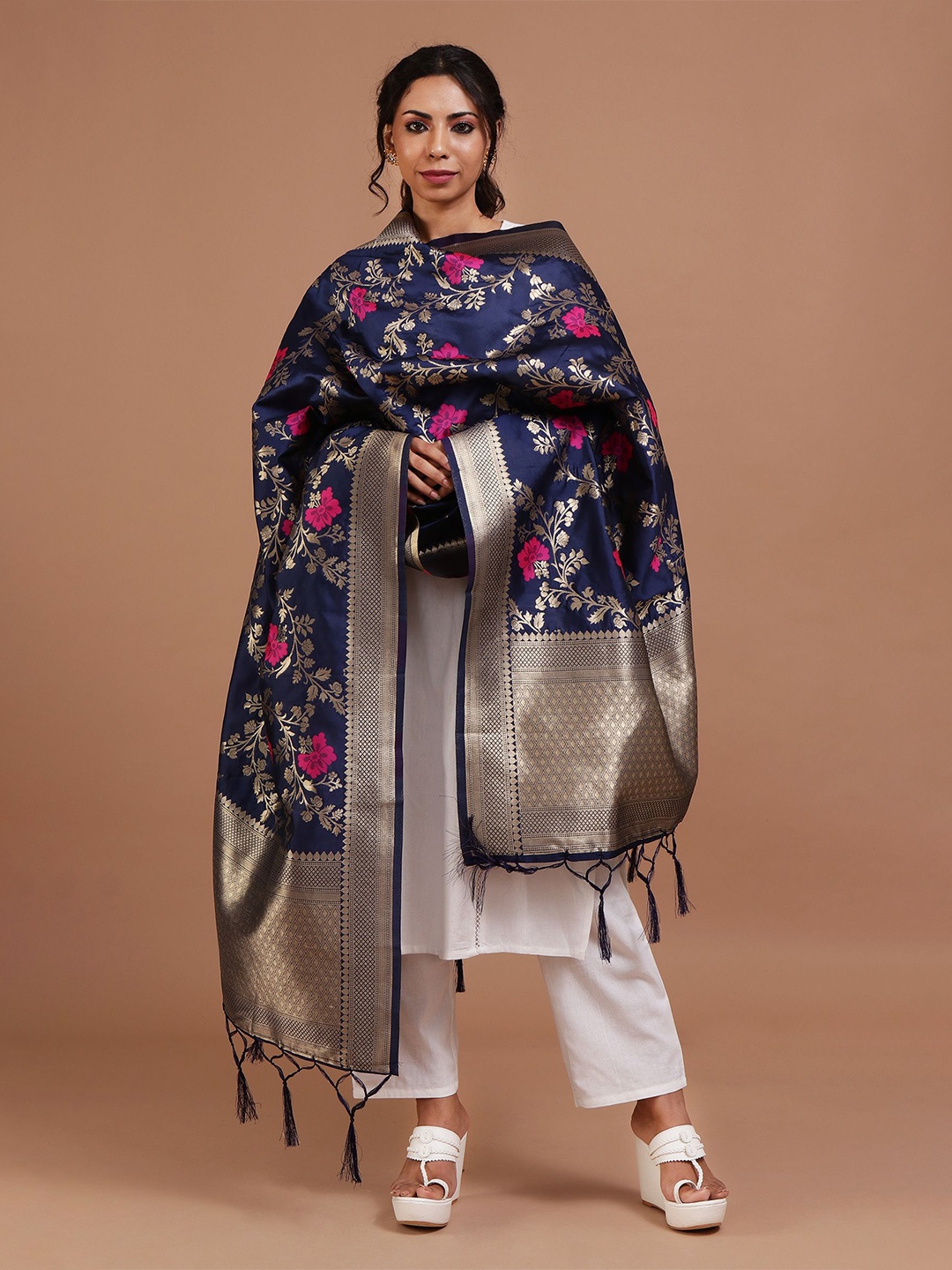 

TJORI Floral Woven Design Zari Cotton Dupatta, Navy blue