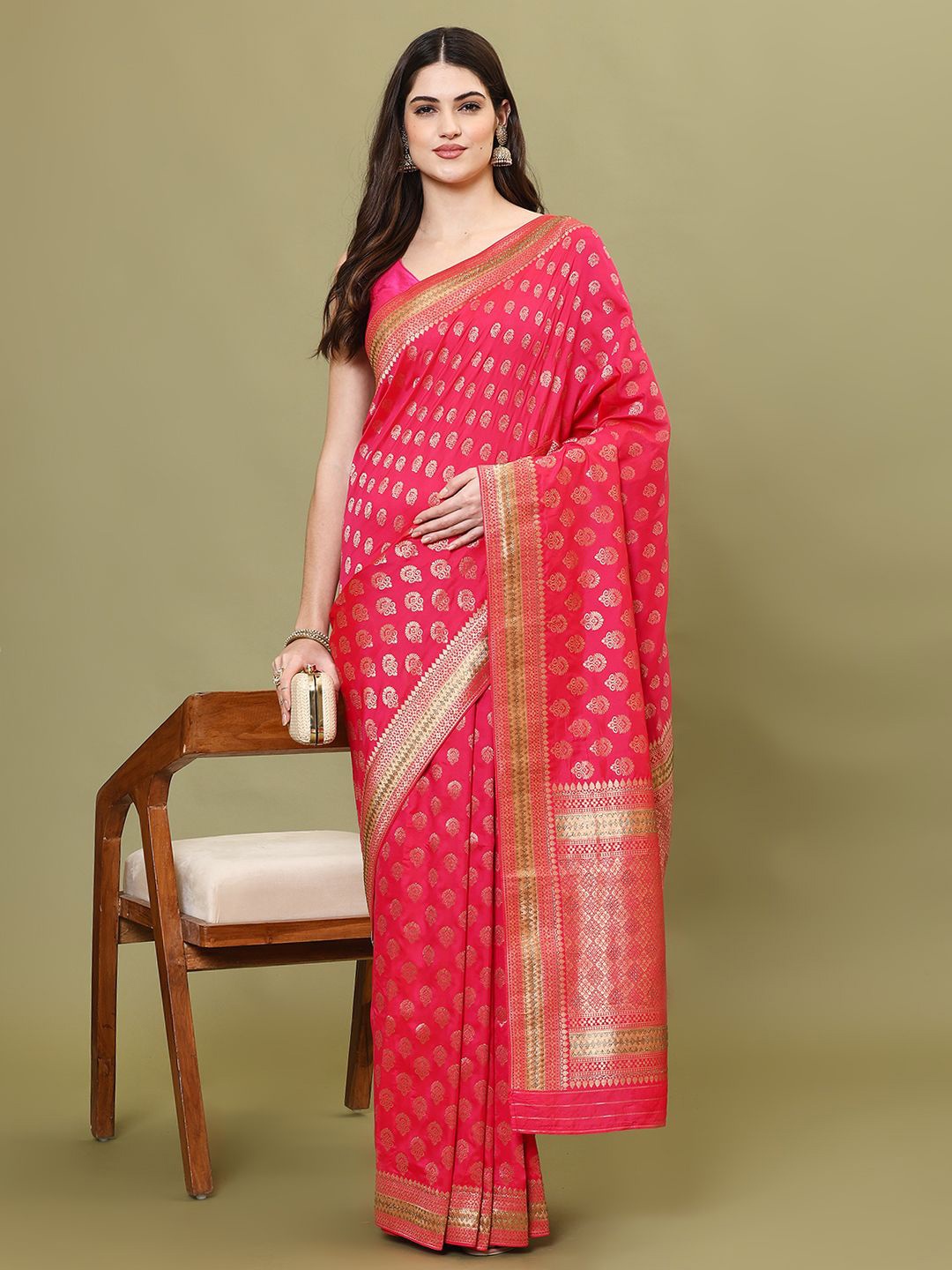 

Meena Bazaar Ethnic Motifs Woven Art Silk Banarasi Saree, Pink