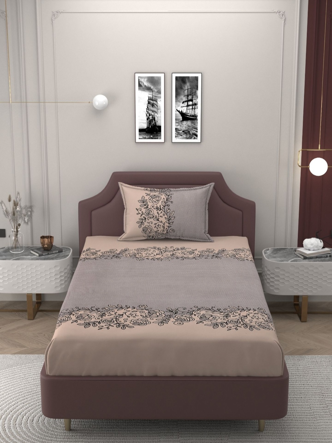 

BELVOSTUM Coffee Brown & Brown Floral 210 TC Single Bedsheet with 1 Pillow Covers