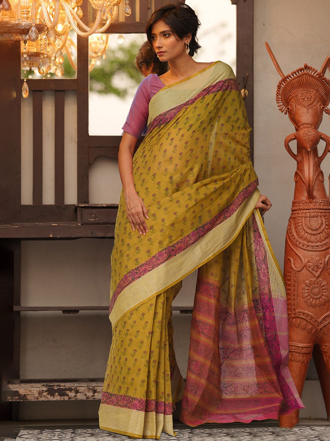 

Unnati Silks Ethnic Motifs Pure Cotton Mangalagiri Saree, Green