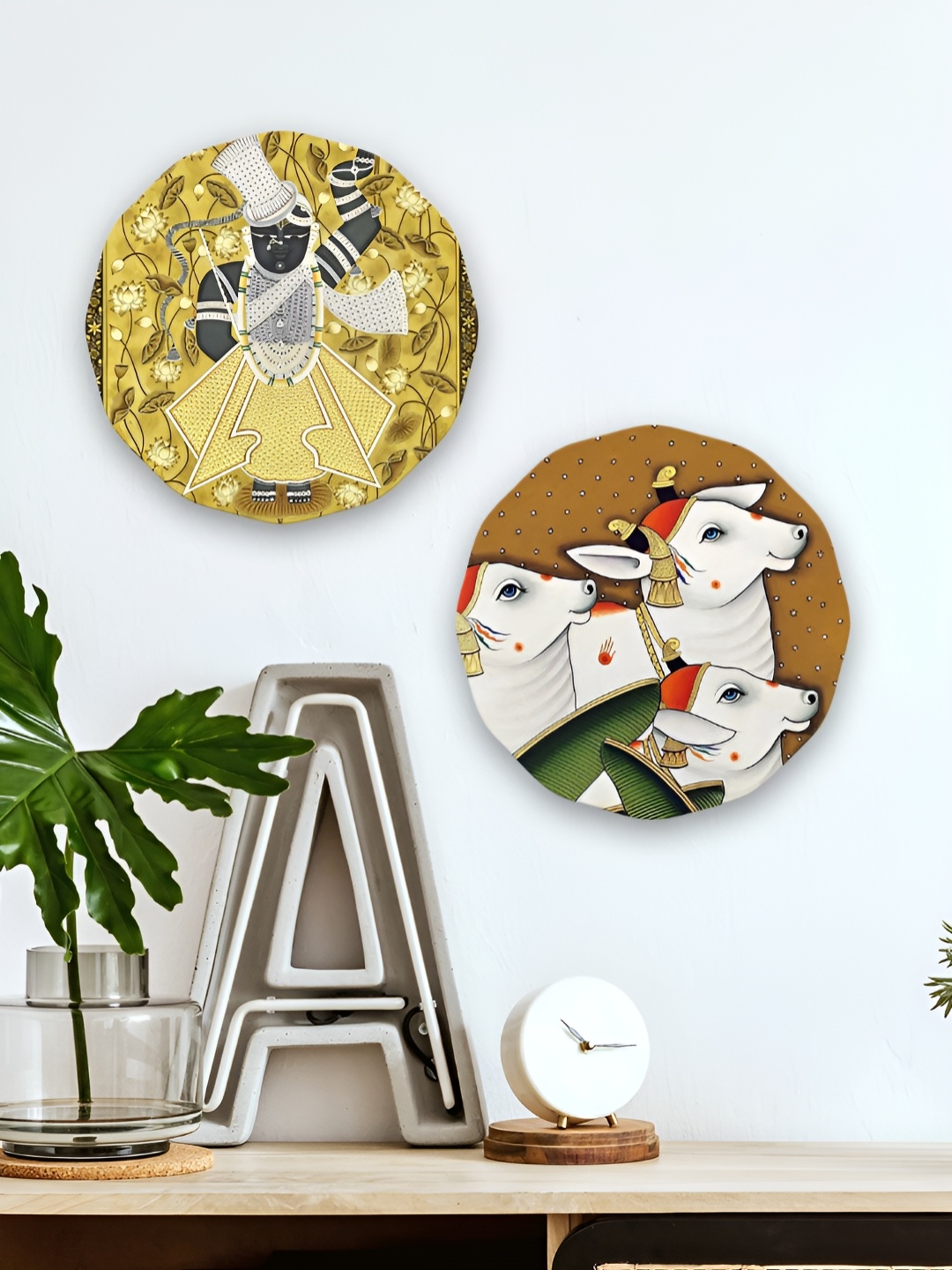 

ArtVibes 2-Pcs Yellow & White Printed Wooden Wall Hanging