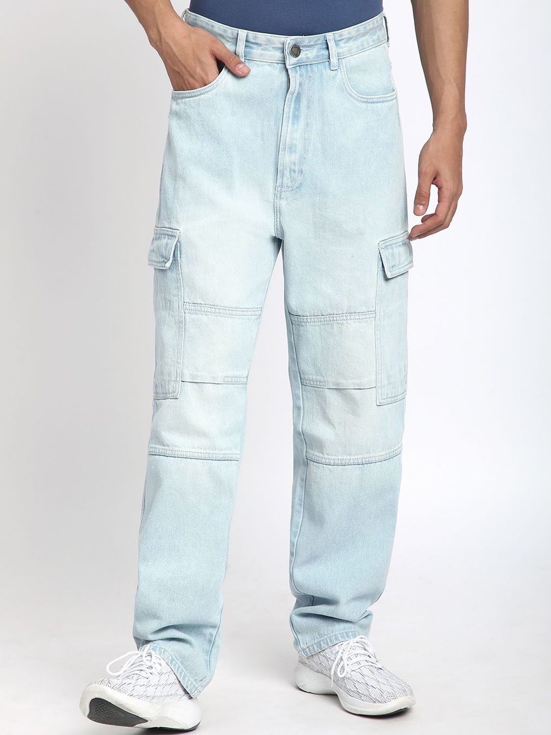 

R&B Men Baggy Fit Cargo Style Cotton Jeans, Blue