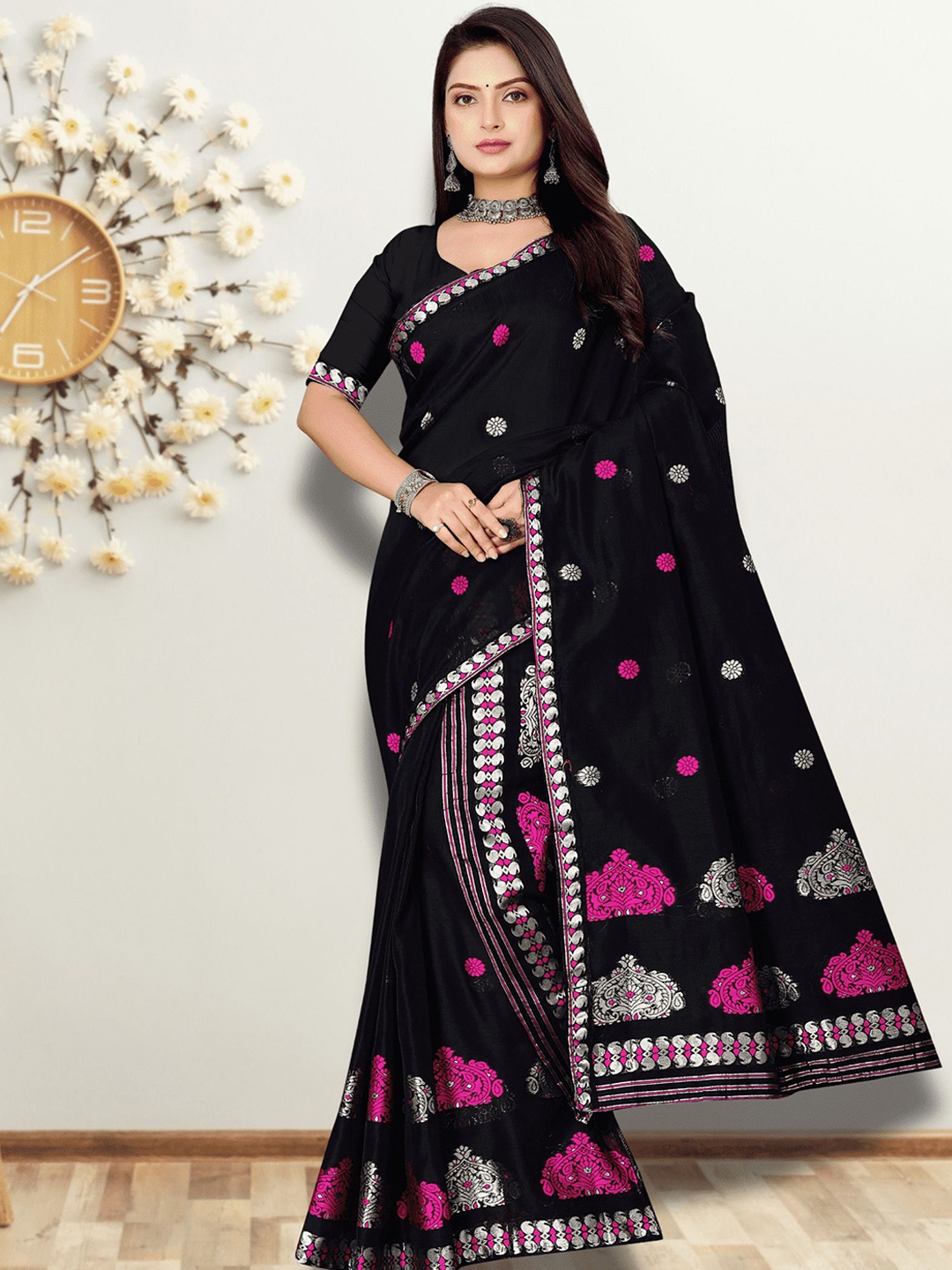 

KAMDAR Traditional Assamese Nooni AC Cotton Mekhela Chador with Woven Design, Black