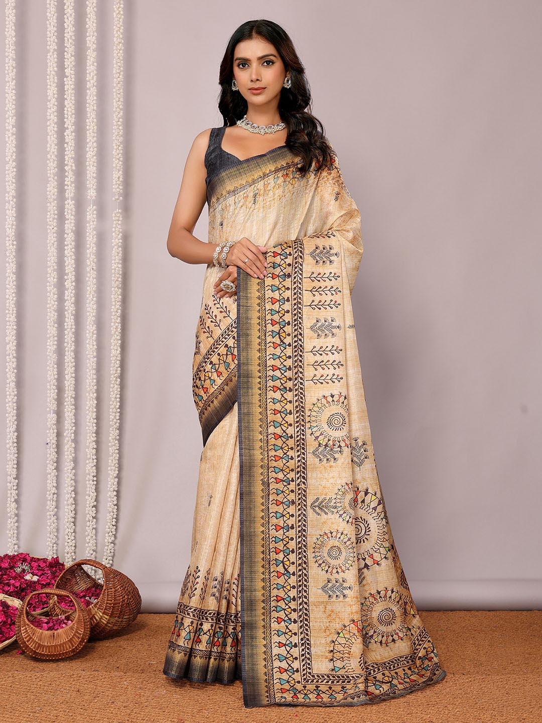 

KALINI Warli Silk Blend Chanderi Saree, Beige