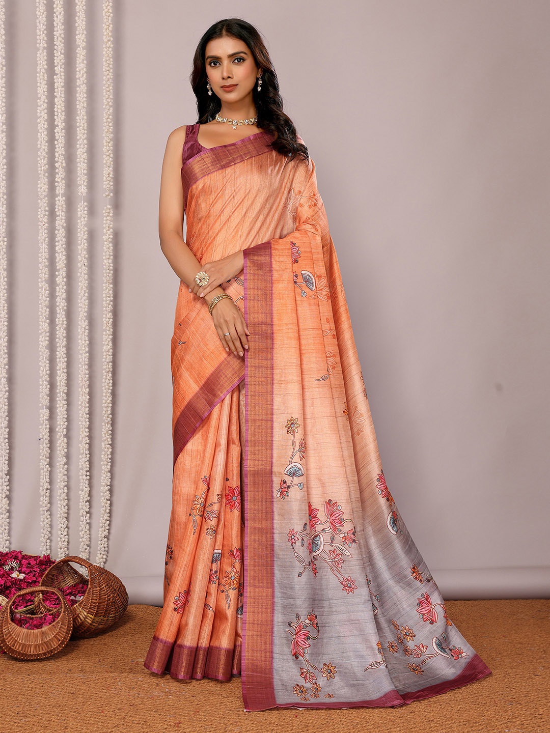 

KALINI Floral Zari Silk Blend Chanderi Saree, Beige