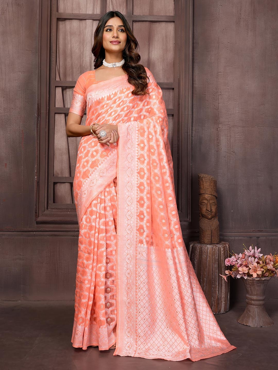 

KALINI Woven Design Zari Saree, Peach