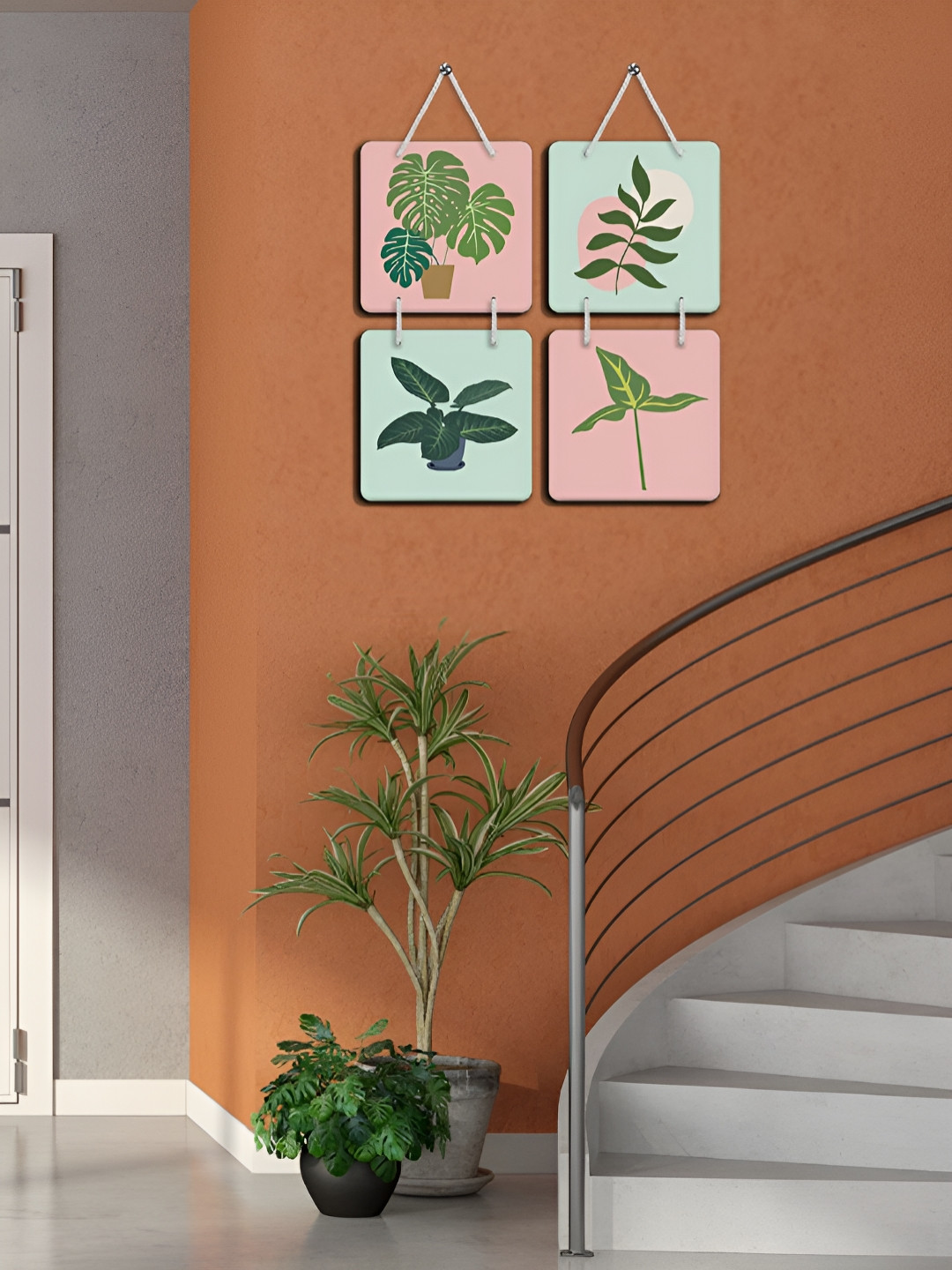 

OLIVE TREE 4-Pcs Pink & Green Printed Wooden Wall Hangings