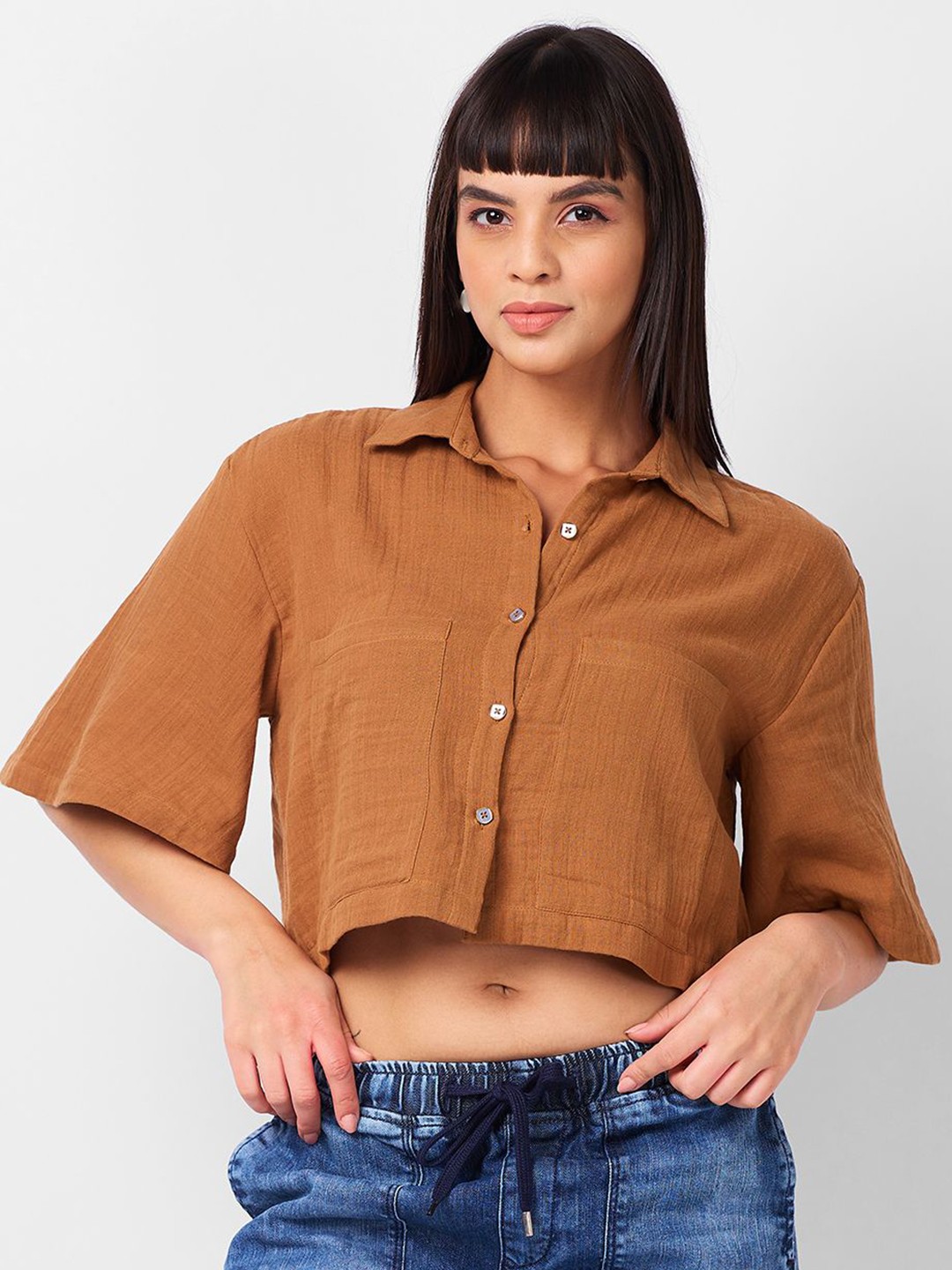 

IZEL Women Boxy Solid Cotton Casual Shirt, Brown