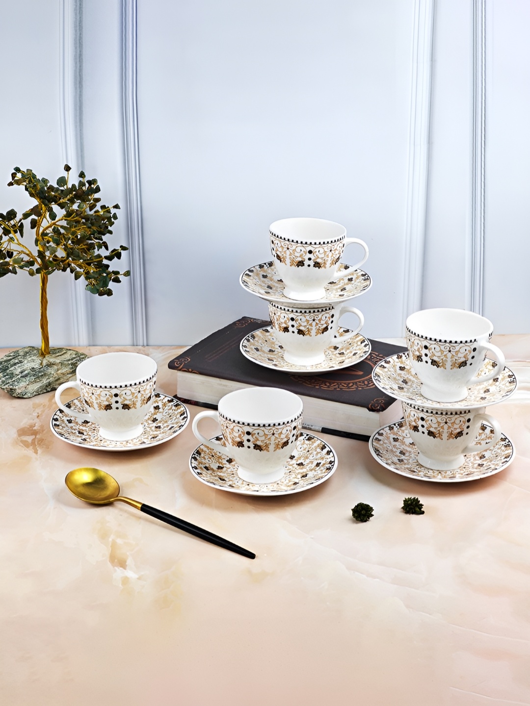 

UPC Set of 6-Premium Ceramic Printed Glossy Cups & Saucers, White