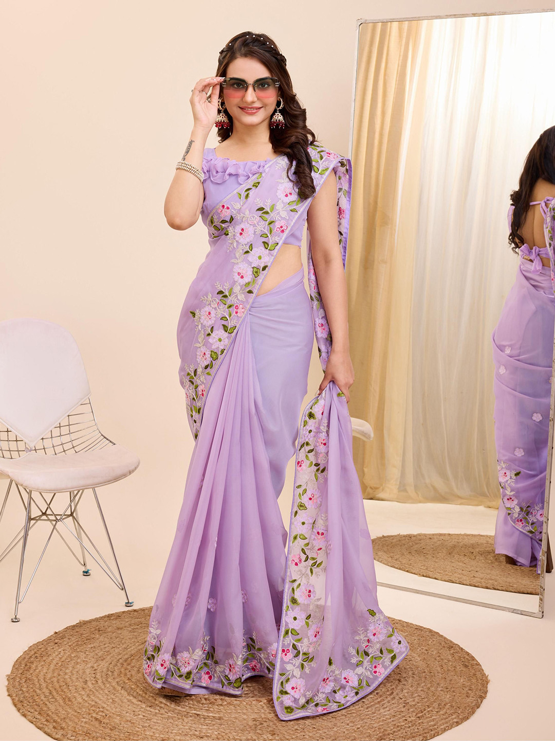 

HERE&NOW Floral Embroidered Organza Ready to Wear Saree, Lavender