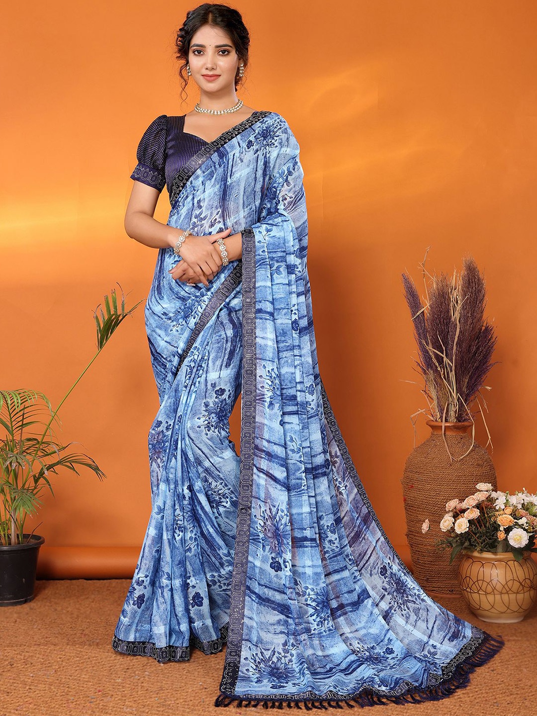 

KALINI Floral Poly Georgette Saree, Blue