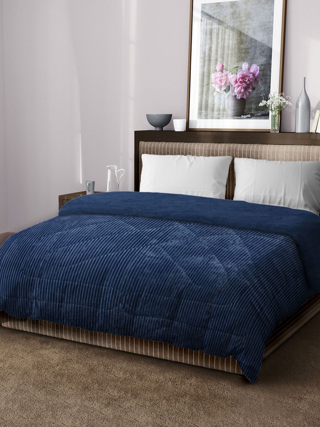 

KLOTTHE Navy Blue Striped Microfiber Filling 1000 GSM Heavy Winter Double Bed Quilt