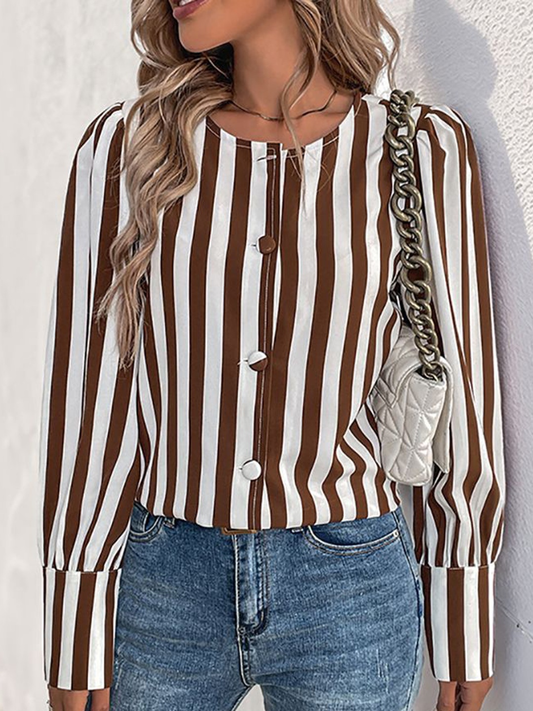 

StyleCast x Revolte Women Opaque Striped Casual Shirt, Brown