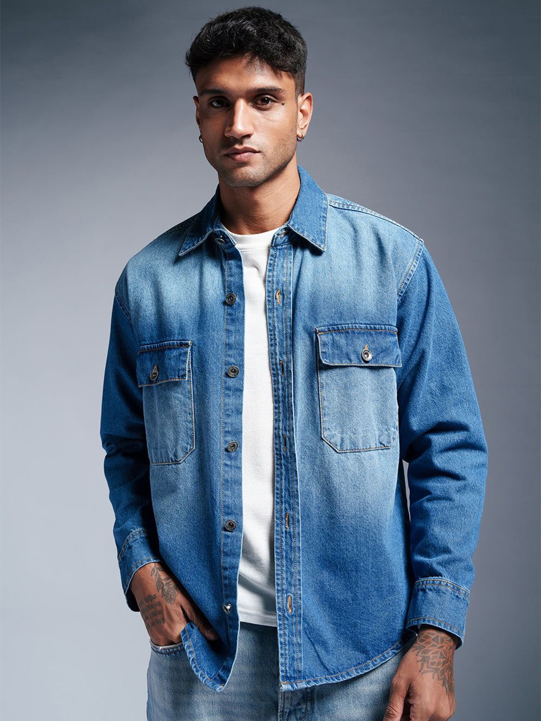 

FREAKINS Men Washed Denim Jacket, Blue