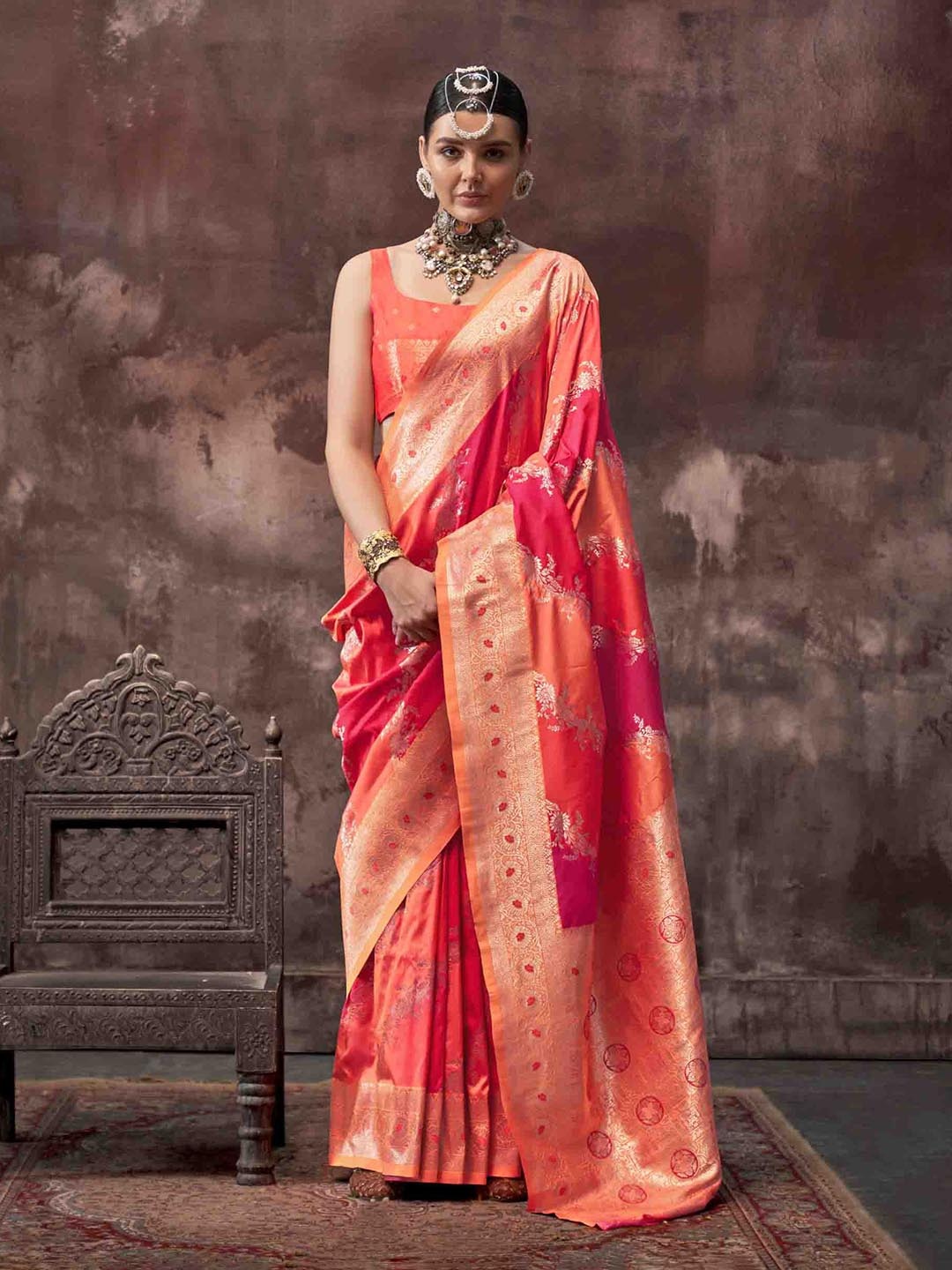 

Mitera Woven Design Zari Silk Blend Saree, Orange