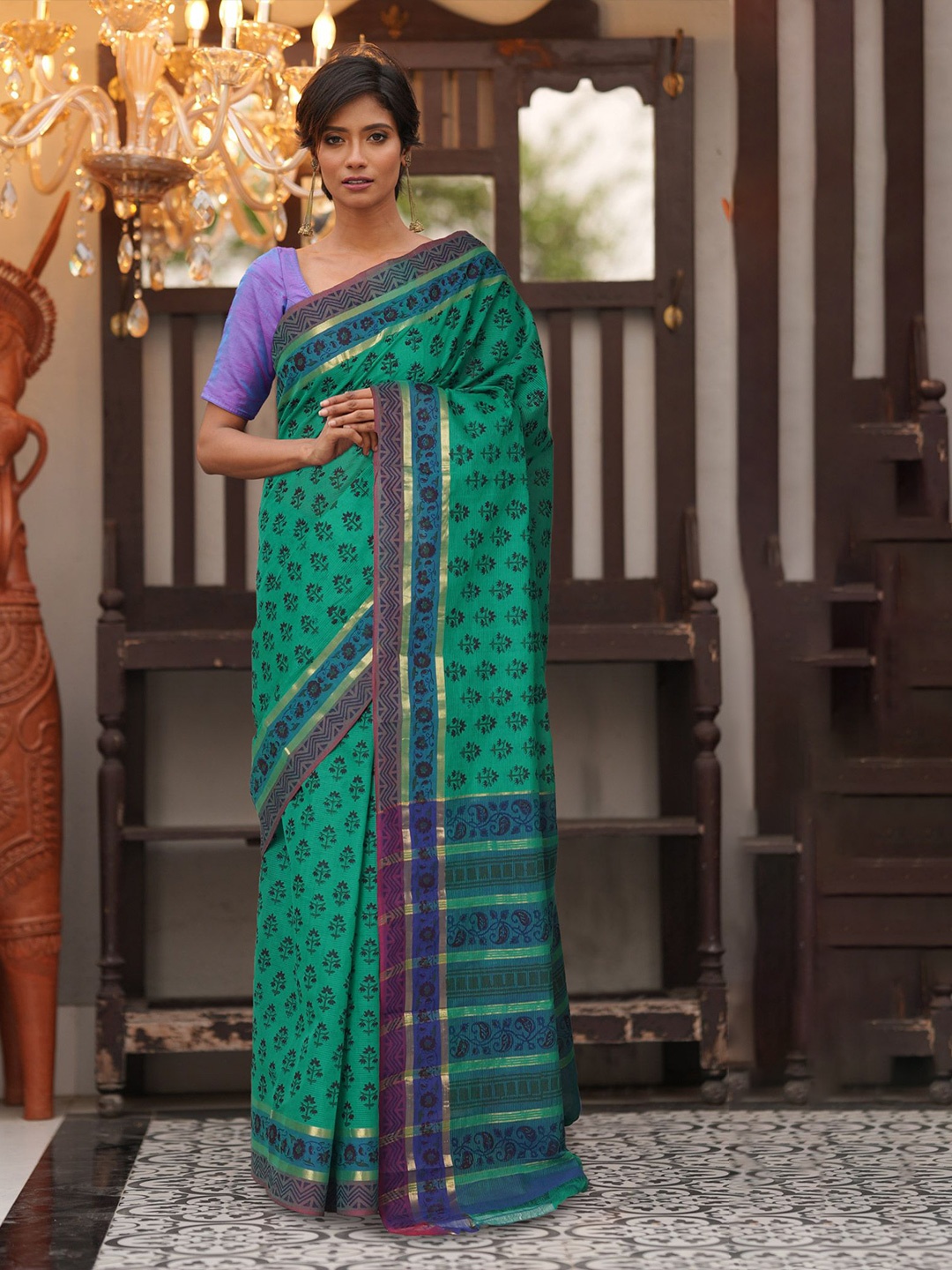 

Unnati Silks Ethnic Motifs Pure Cotton Handloom Mangalagiri Saree, Green