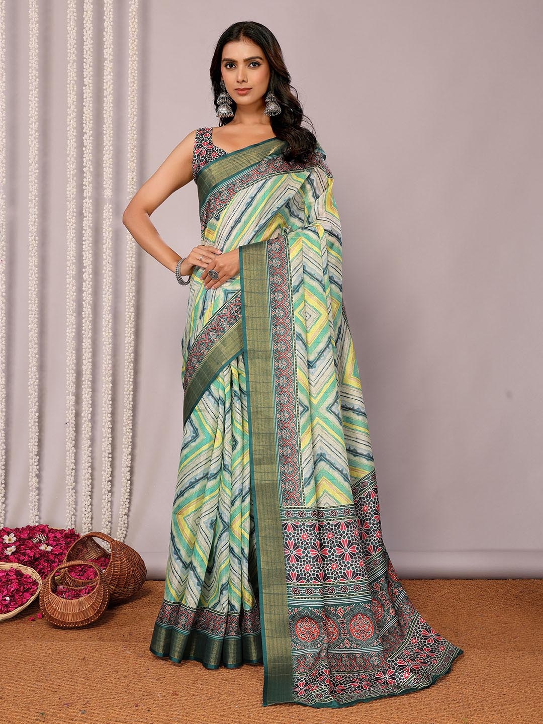 

KALINI Women Chanderi Silk Chevron Printed Chanderi Saree With Blouse Piece, Green