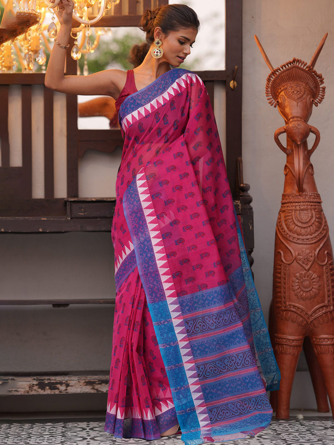 

Unnati Silks Woven Design Pure Cotton Handloom Mangalagiri Saree, Pink