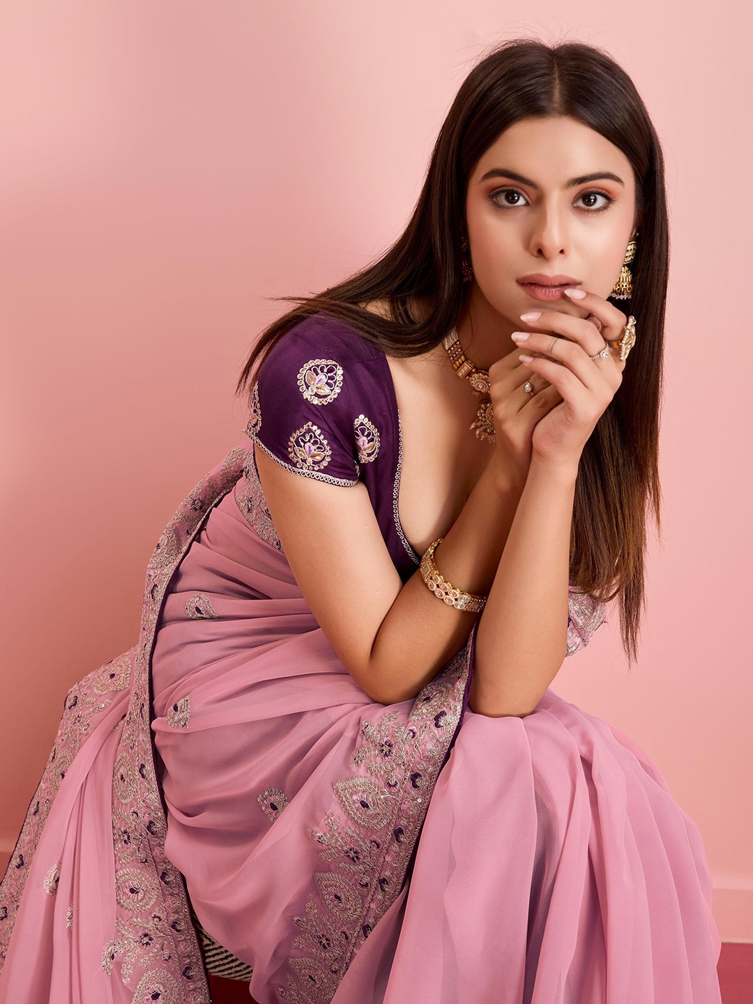 

HERE&NOW Women Sequinned Embroidered Ready to Wear Saree, Pink