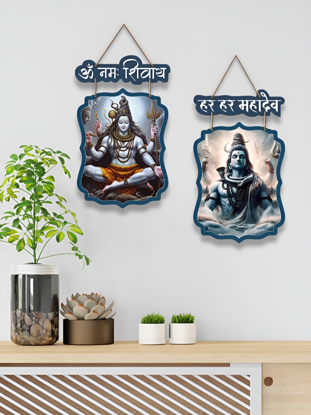 

ArtVibes 2-Pcs Blue & White Printed Wooden Wall Hanging