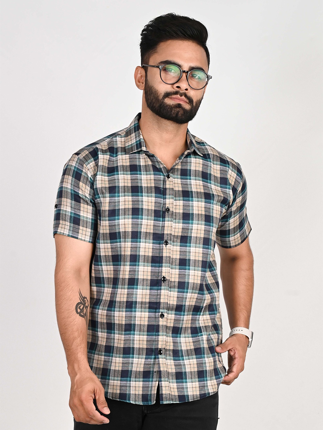

Tanip Men Comfort Sheer Checked Casual Shirt, Beige