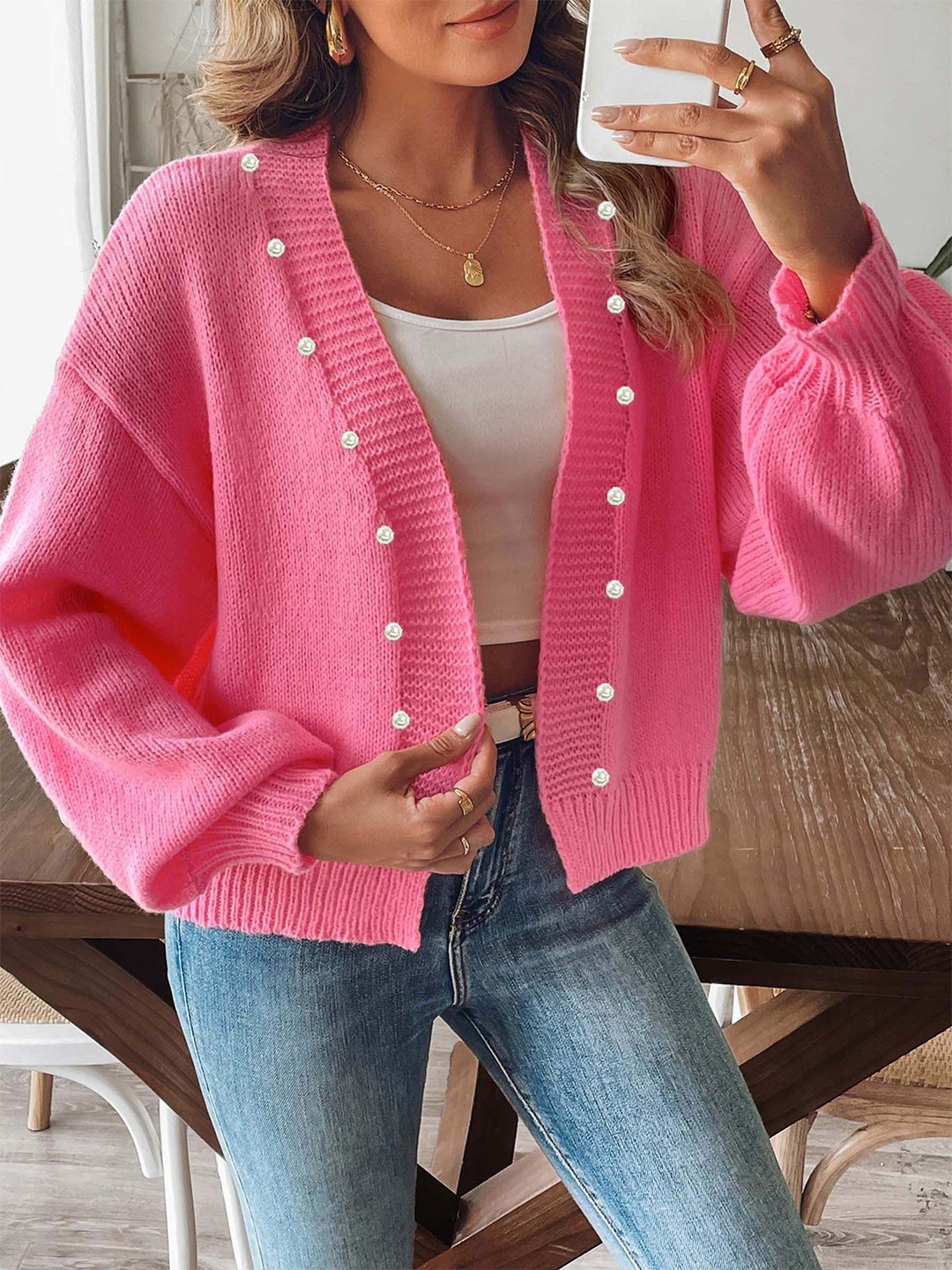 

StyleCast Women Ribbed Cardigan with Embellished Detail, Fuchsia