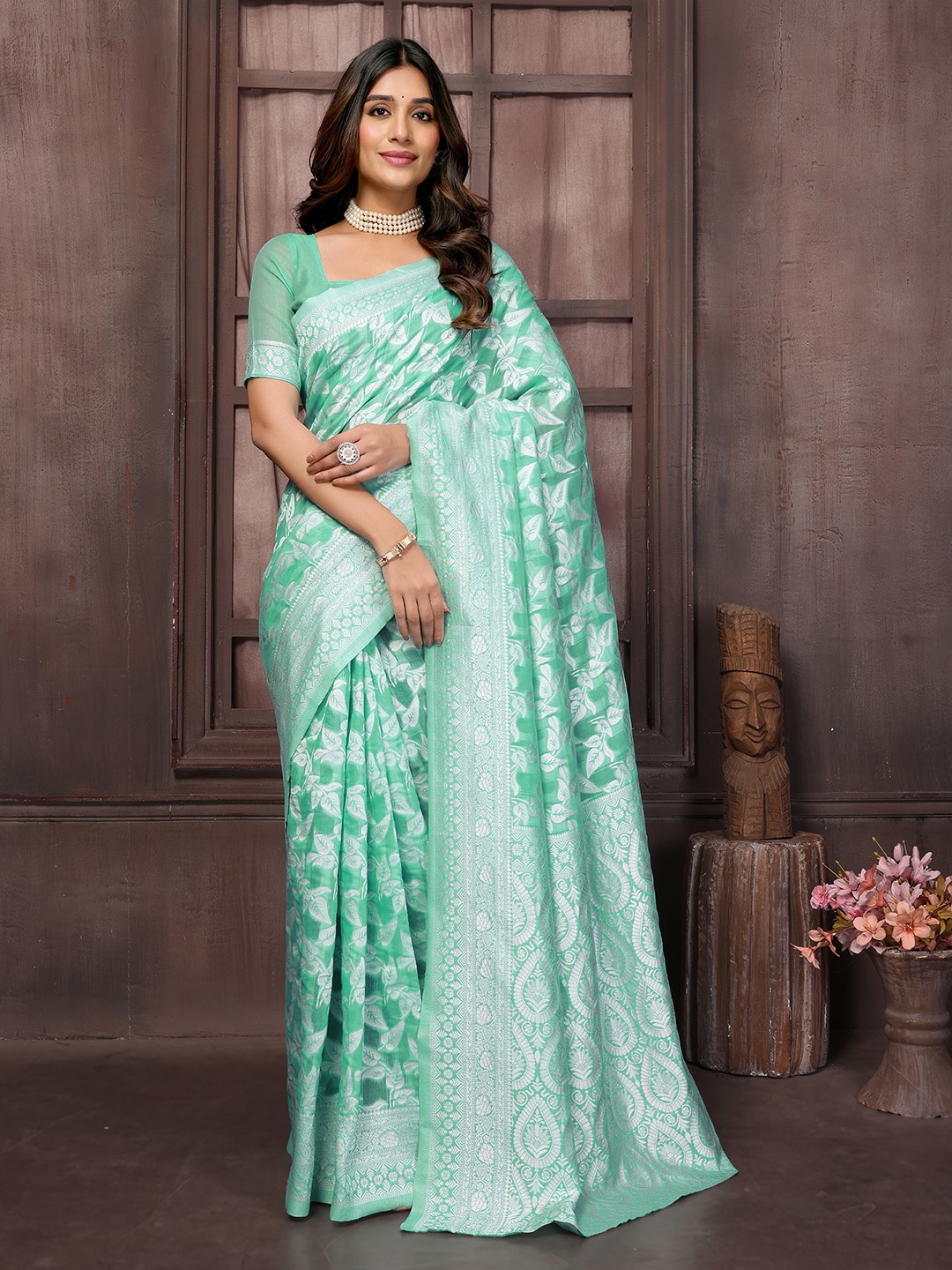 

KALINI Woven Design Zari Saree, Green