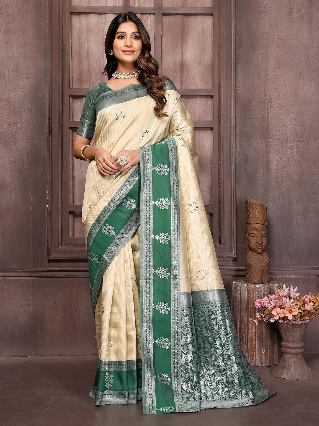 

KALINI Woven Design Zari Silk Blend Saree, Beige