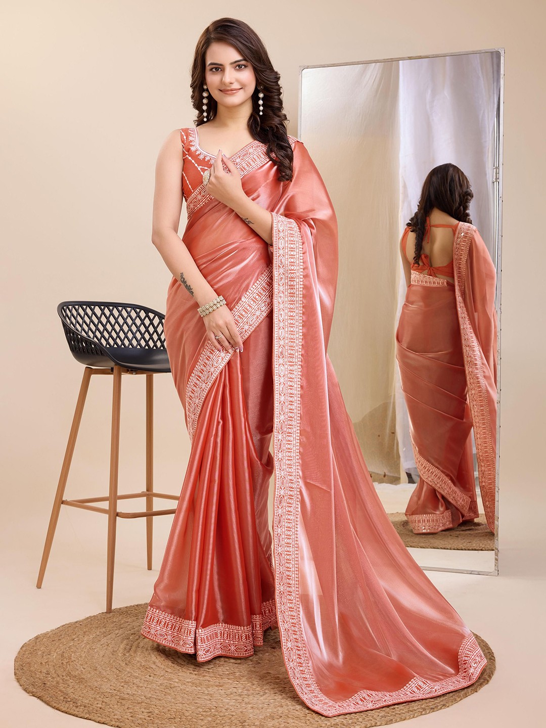 

HERE&NOW Ethnic Motifs Embroidered Ready to Wear Saree, Peach