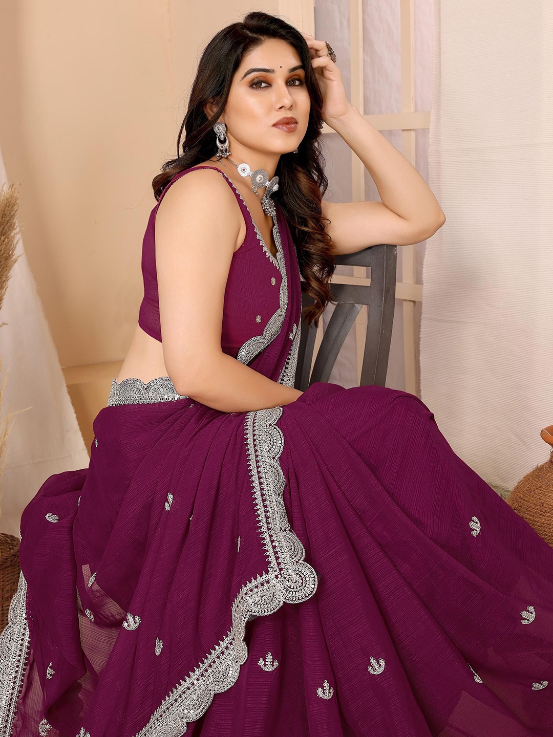 

HERE&NOW Embroidered Sequinned Ready to Wear Saree, Magenta