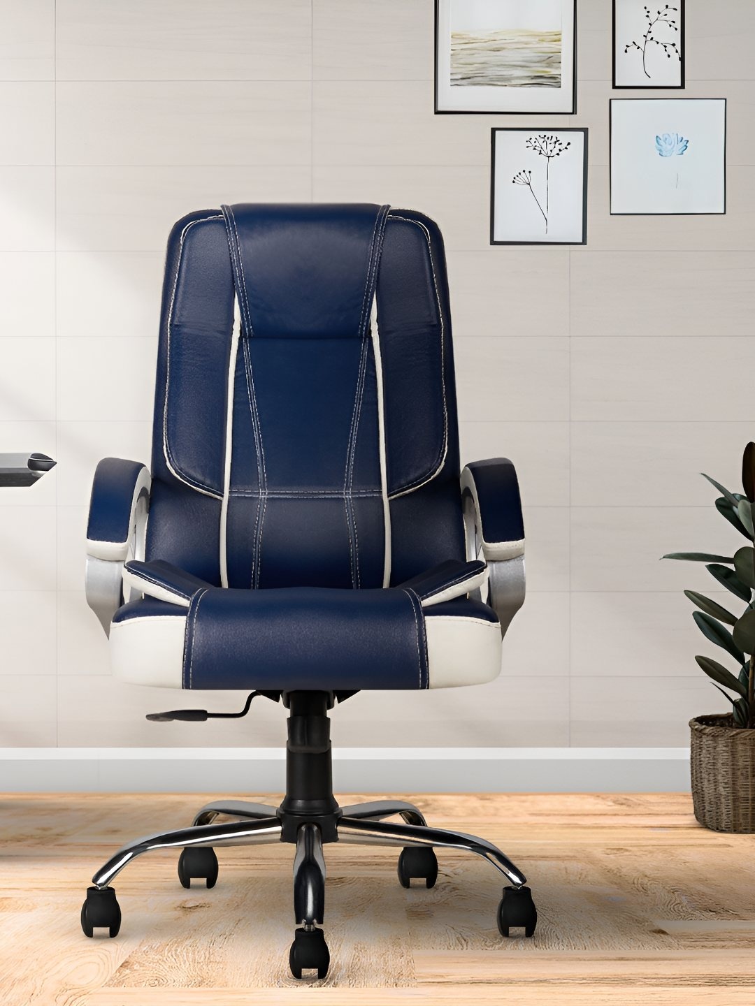 

CELLBELL White & Blue High Back Study Chair, Navy blue