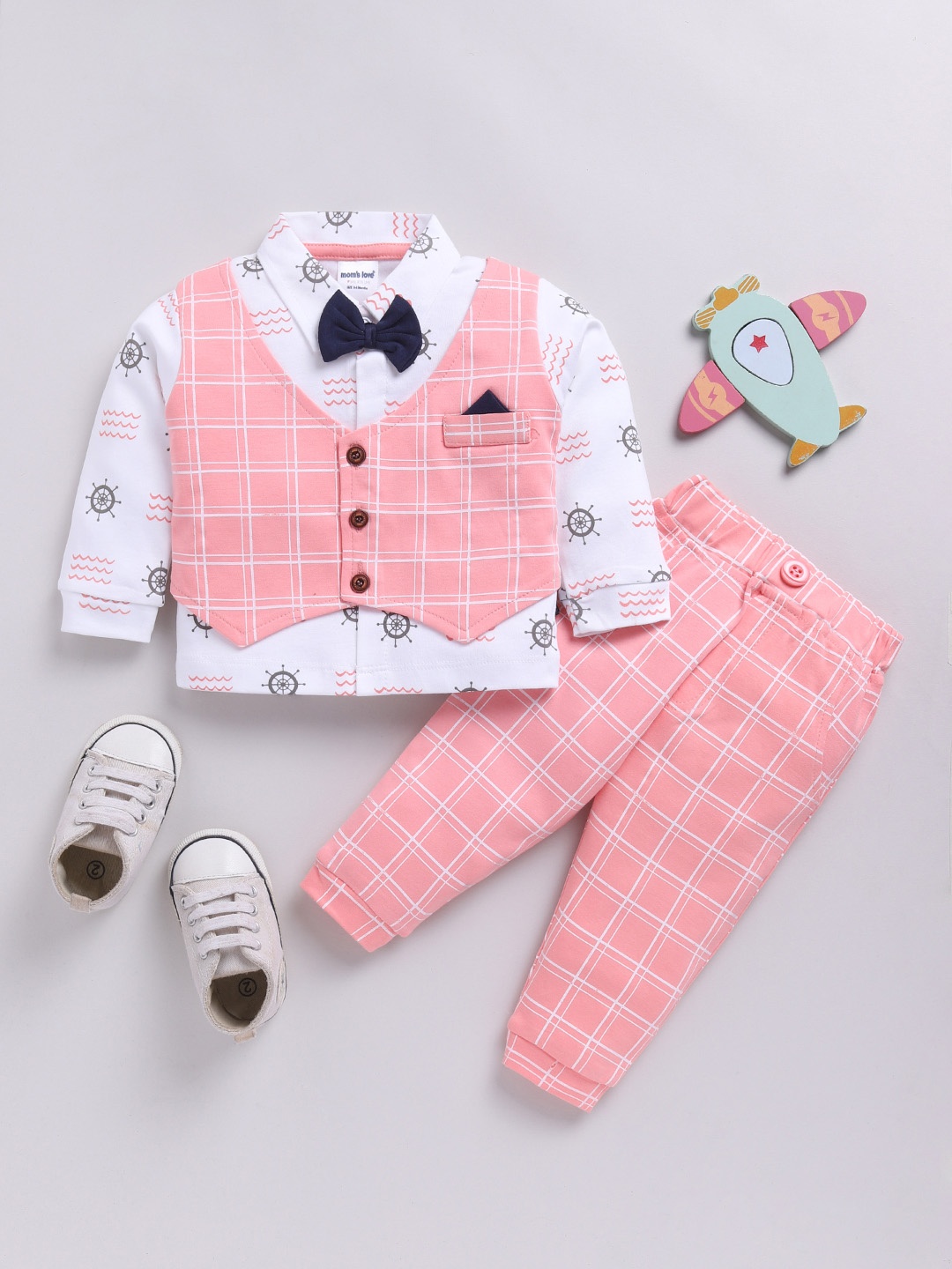 

Moms Love Boys Checked Shirt with Trousers, Peach