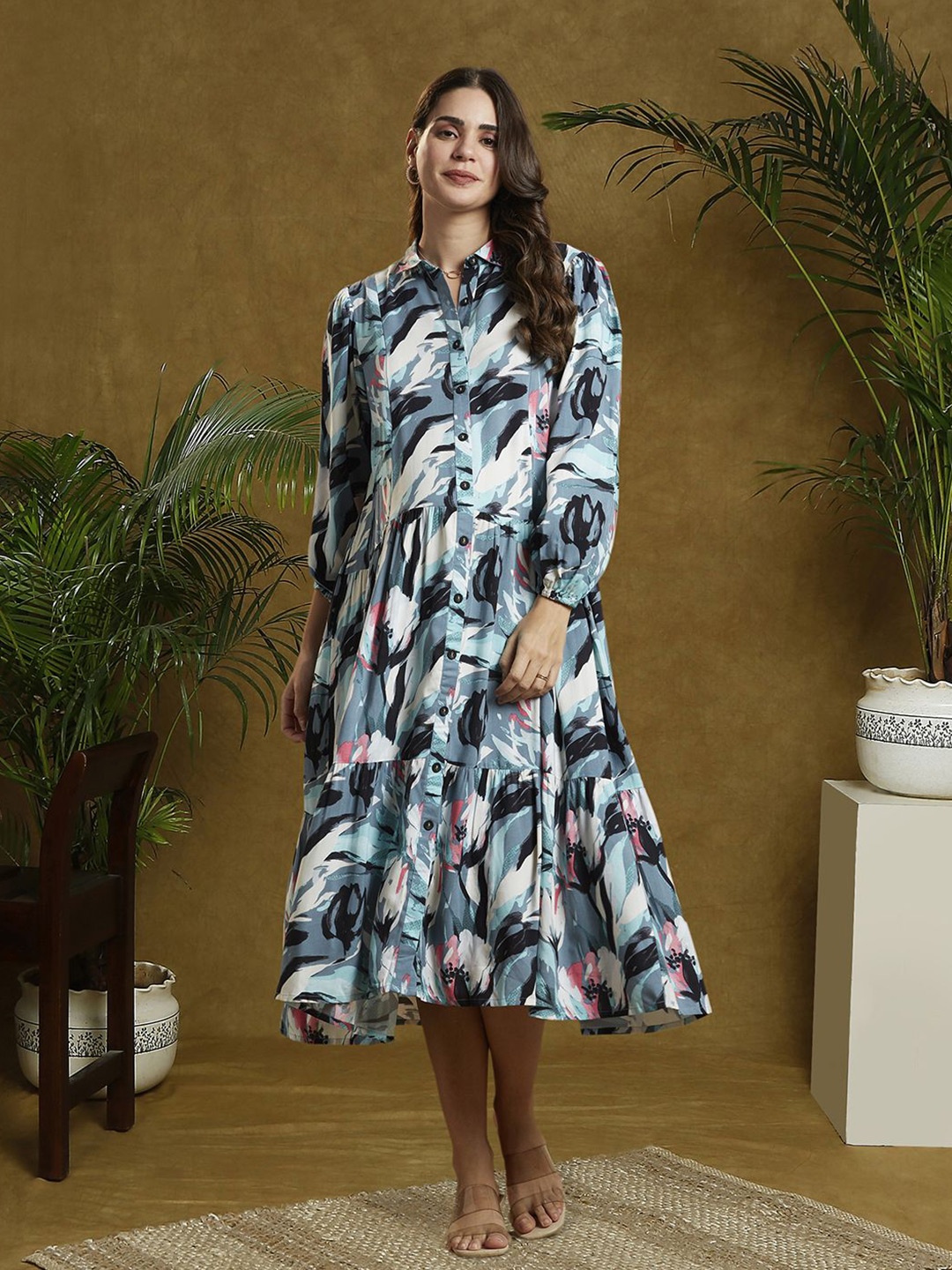 

MomToBe Tropical Print Puff Sleeve Maternity Fit & Flare Midi Dress, Multi